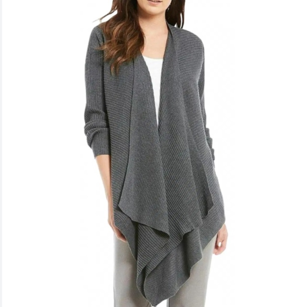 Like New Eileen Fisher Charcoal Gray Ribbed Wool Angled Open Front Cardigan, Med